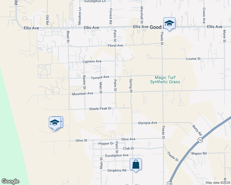 map of restaurants, bars, coffee shops, grocery stores, and more near Mountain Avenue & Palm Street in Perris