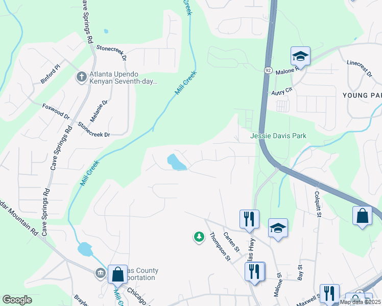 map of restaurants, bars, coffee shops, grocery stores, and more near 7870 Lake Terrace in Douglasville