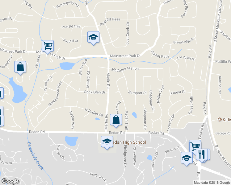 map of restaurants, bars, coffee shops, grocery stores, and more near 5101 McCarter Court in Stone Mountain