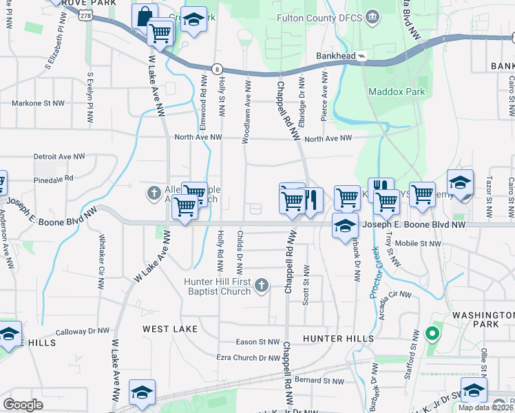 map of restaurants, bars, coffee shops, grocery stores, and more near 1410 Conway Place Northwest in Atlanta