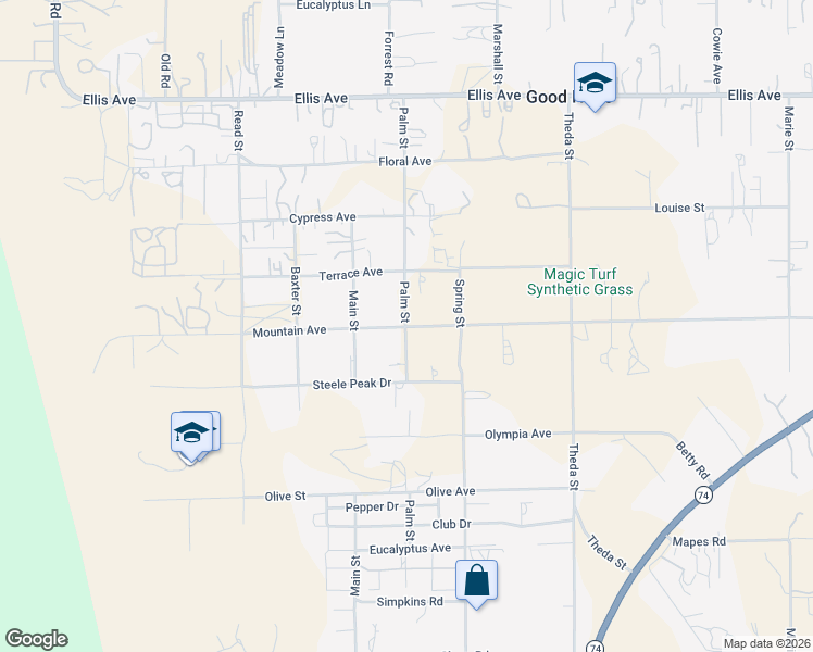 map of restaurants, bars, coffee shops, grocery stores, and more near 21588 Mountain Avenue in Perris