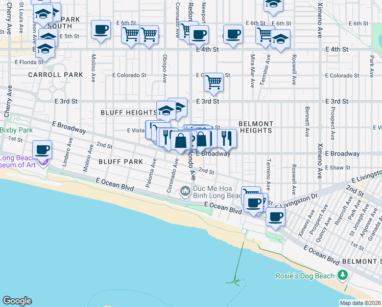 map of restaurants, bars, coffee shops, grocery stores, and more near East Broadway & Redondo Avenue in Long Beach