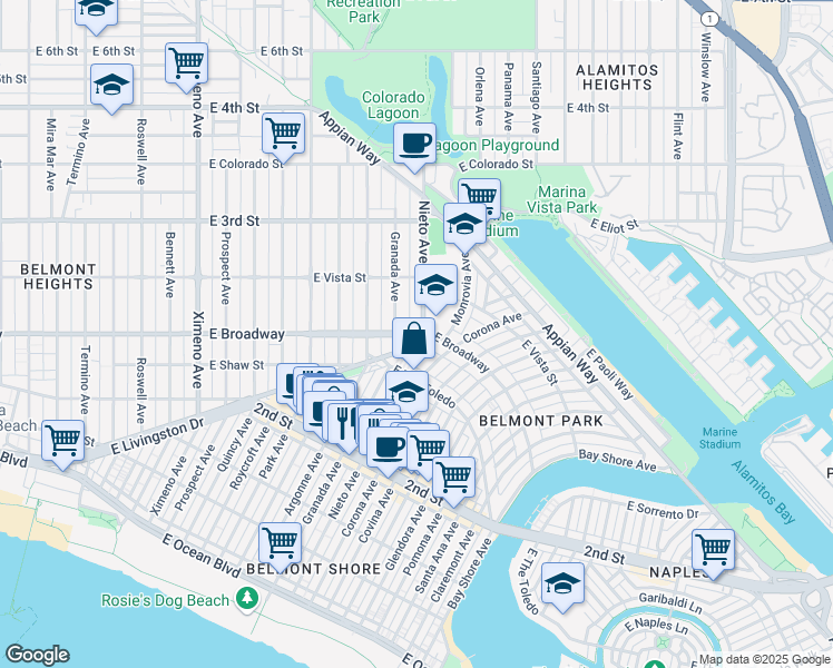 map of restaurants, bars, coffee shops, grocery stores, and more near 5174 East Broadway in Long Beach