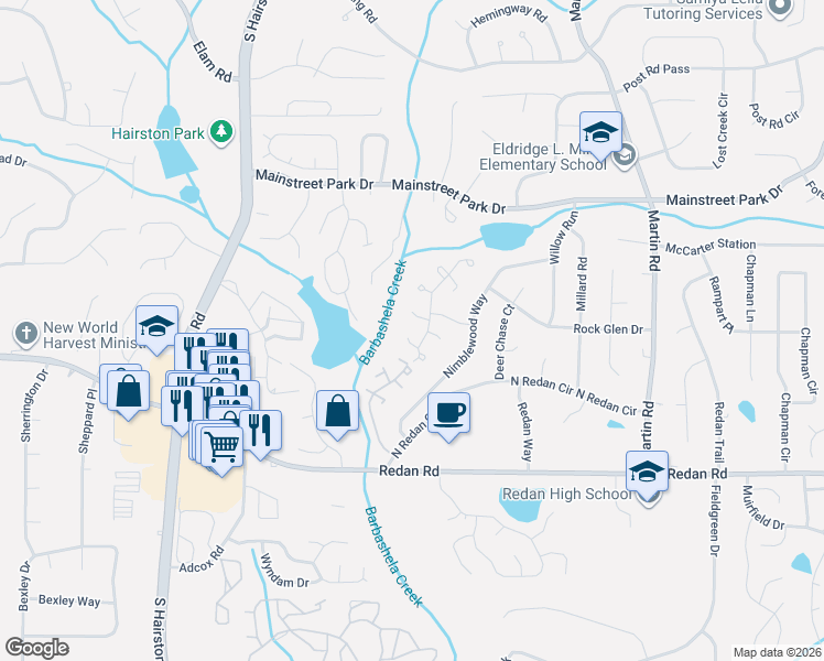 map of restaurants, bars, coffee shops, grocery stores, and more near 4968 Redan Road in Stone Mountain