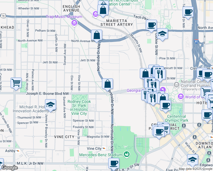 map of restaurants, bars, coffee shops, grocery stores, and more near 75 Northside Dr NW in Atlanta