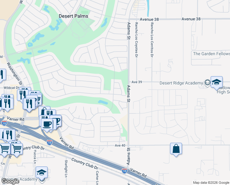 map of restaurants, bars, coffee shops, grocery stores, and more near 78916 Lavender Circle in Palm Desert