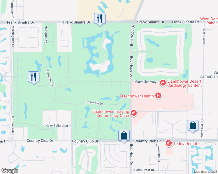 map of restaurants, bars, coffee shops, grocery stores, and more near 12 Stanford Drive in Rancho Mirage