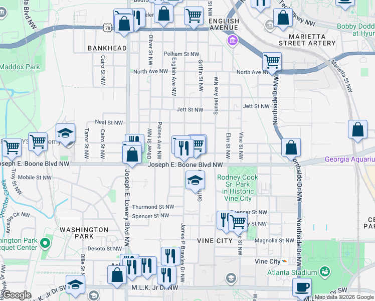 map of restaurants, bars, coffee shops, grocery stores, and more near 377 Chestnut Street Northwest in Atlanta