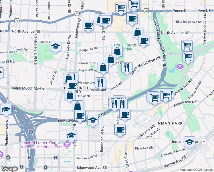map of restaurants, bars, coffee shops, grocery stores, and more near 608 Ralph McGill Boulevard Northeast in Atlanta