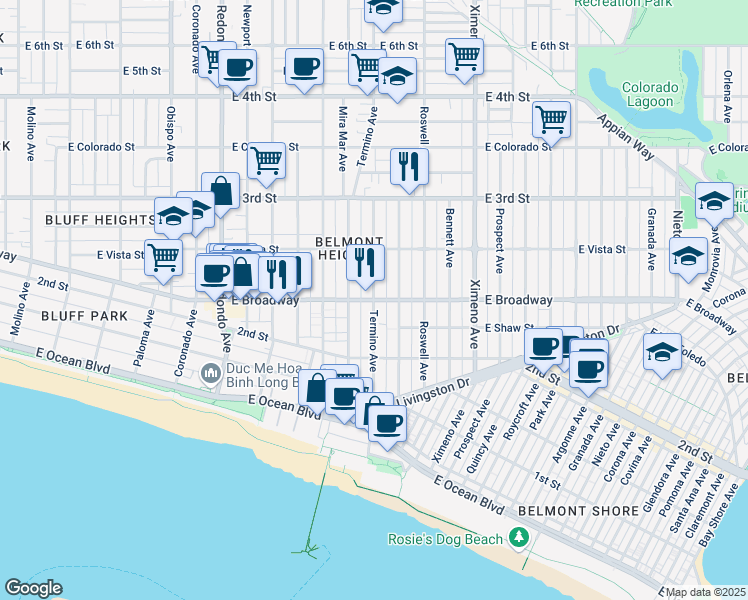 map of restaurants, bars, coffee shops, grocery stores, and more near E Broadway & Termino Ave in Long Beach
