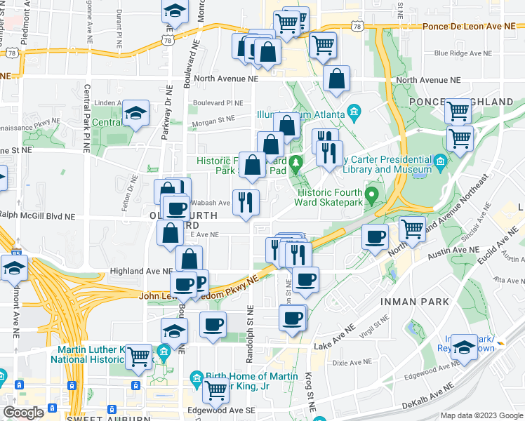 map of restaurants, bars, coffee shops, grocery stores, and more near 401 Glen Iris Drive Northeast in Atlanta