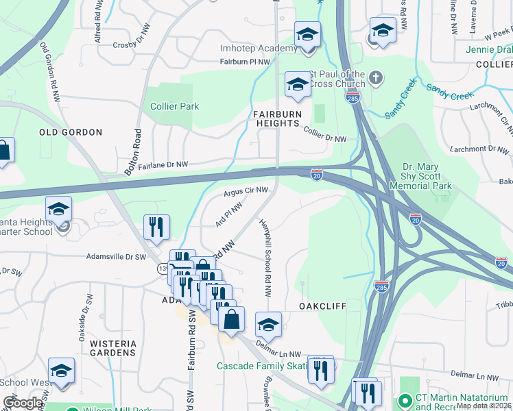 map of restaurants, bars, coffee shops, grocery stores, and more near 433 Argus Circle Northwest in Atlanta