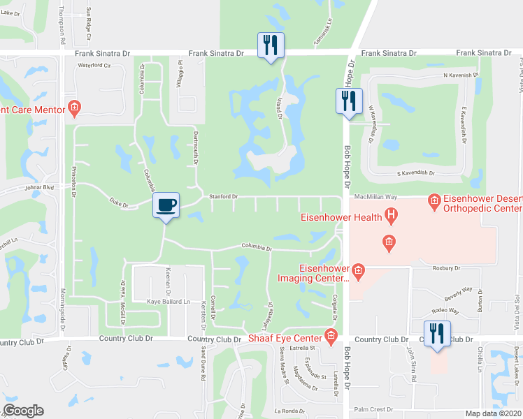map of restaurants, bars, coffee shops, grocery stores, and more near 3 Seton Court in Rancho Mirage