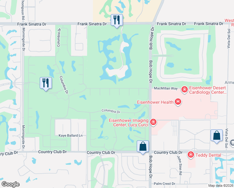 map of restaurants, bars, coffee shops, grocery stores, and more near 12 Stanford Drive in Rancho Mirage