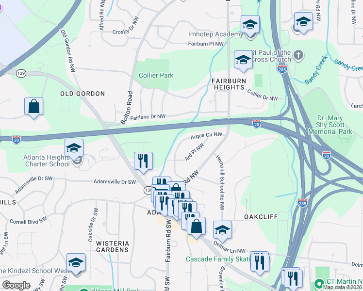 map of restaurants, bars, coffee shops, grocery stores, and more near 352 Argus Circle Northwest in Atlanta