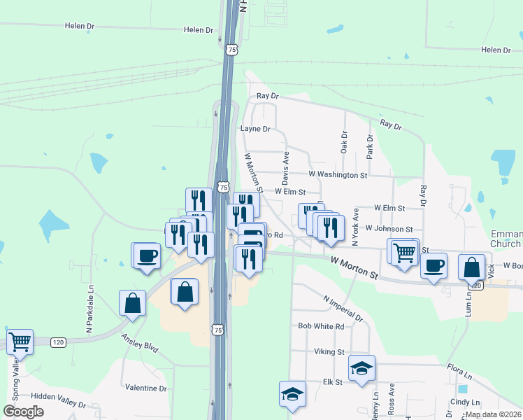 map of restaurants, bars, coffee shops, grocery stores, and more near 2920 West Morton Street in Denison
