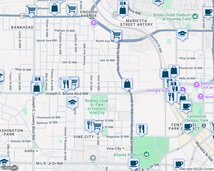 map of restaurants, bars, coffee shops, grocery stores, and more near 662 Walnut Street Northwest in Atlanta