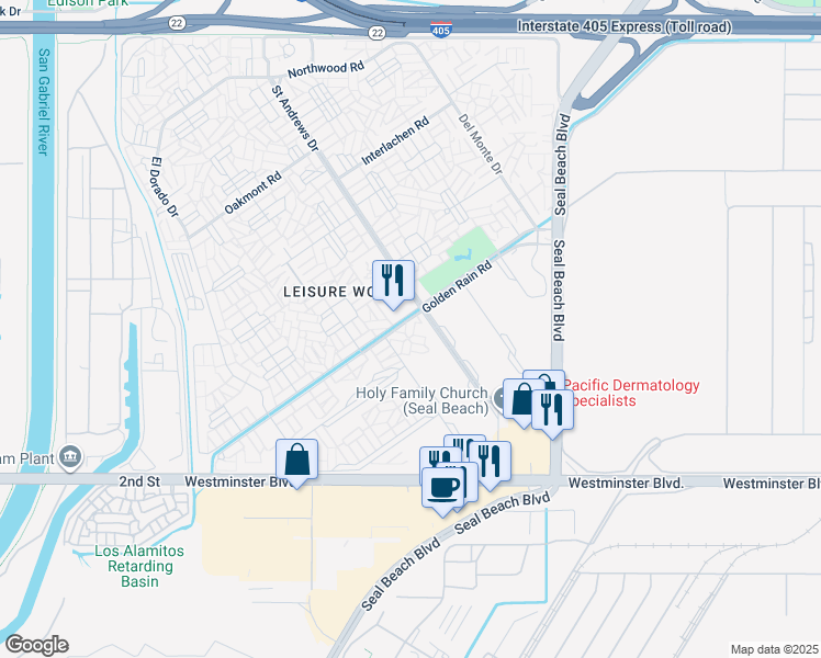 map of restaurants, bars, coffee shops, grocery stores, and more near 13720 Saint Andrews Drive in Seal Beach