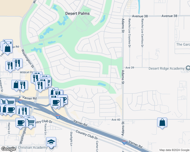 map of restaurants, bars, coffee shops, grocery stores, and more near 78770 Golden Reed Drive in Palm Desert