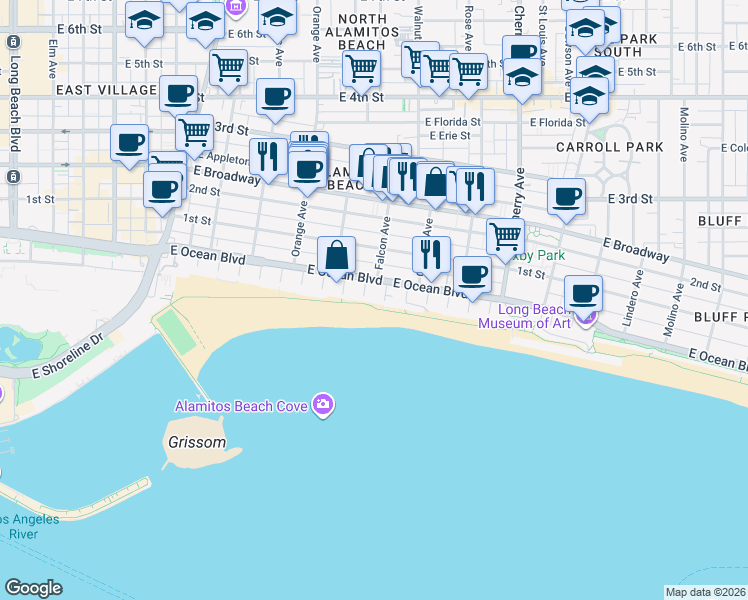 map of restaurants, bars, coffee shops, grocery stores, and more near 1400 East Ocean Boulevard in Long Beach