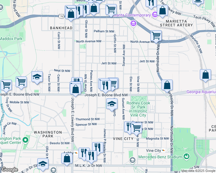 map of restaurants, bars, coffee shops, grocery stores, and more near 759 Jones Avenue Northwest in Atlanta
