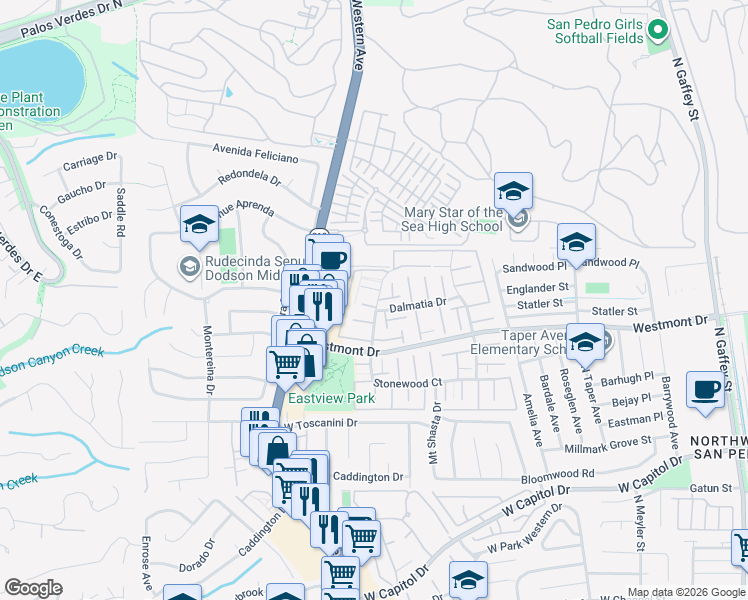 map of restaurants, bars, coffee shops, grocery stores, and more near 2205 Stonewood Court in Los Angeles