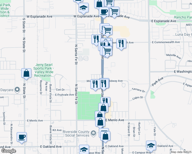 map of restaurants, bars, coffee shops, grocery stores, and more near 2150 South San Jacinto Avenue in San Jacinto