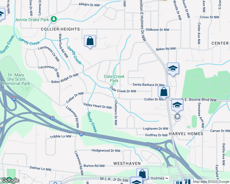 map of restaurants, bars, coffee shops, grocery stores, and more near 2740 Dale Creek Drive Northwest in Atlanta