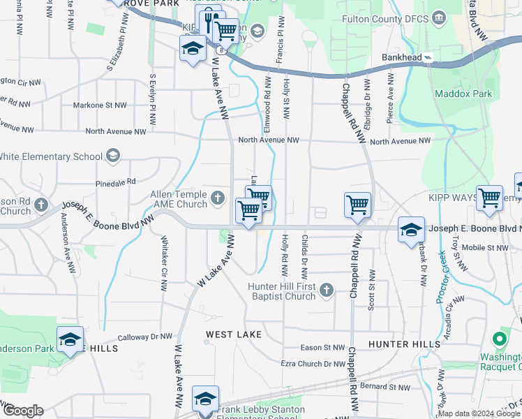 map of restaurants, bars, coffee shops, grocery stores, and more near 345 Lanier Street Northwest in Atlanta
