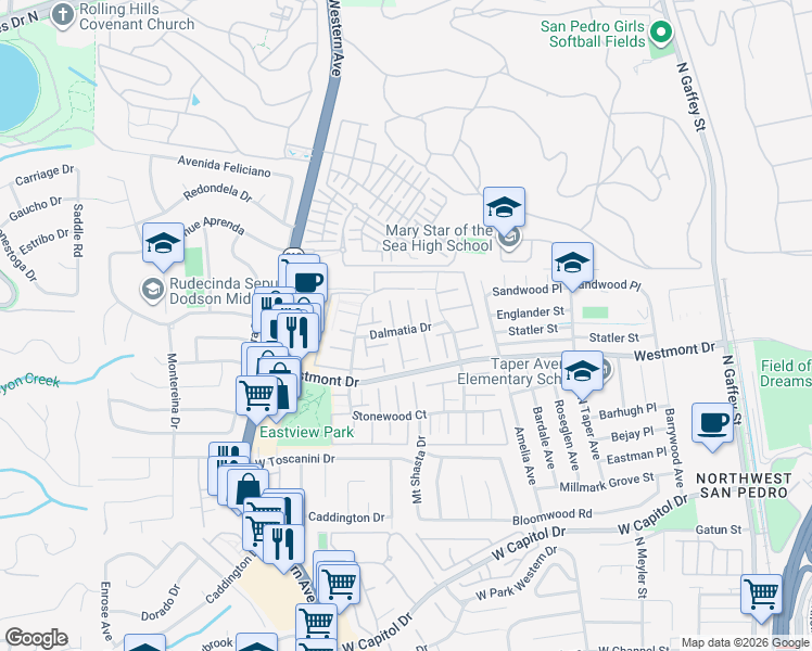 map of restaurants, bars, coffee shops, grocery stores, and more near 1509 Dalmatia Drive in Los Angeles