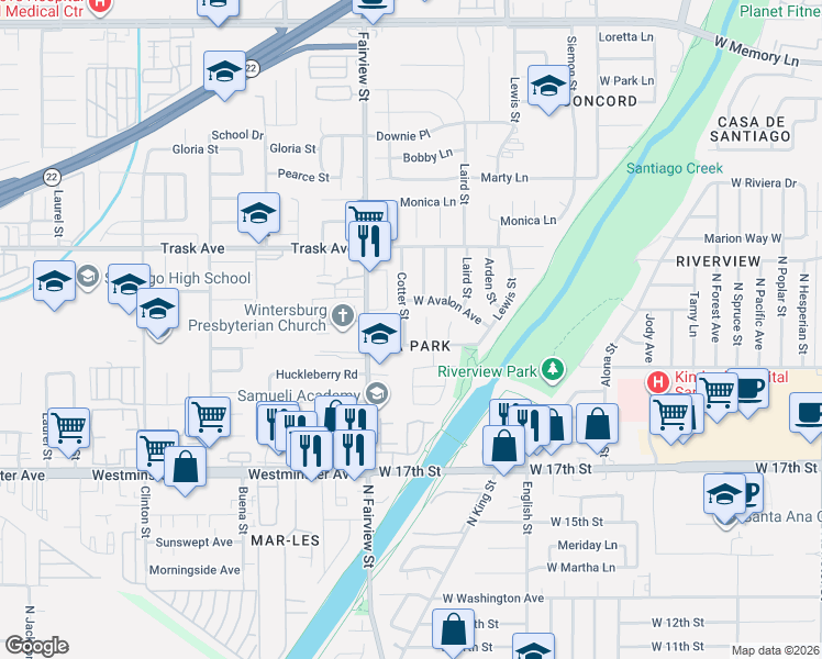 map of restaurants, bars, coffee shops, grocery stores, and more near 2108 Cotter Street in Santa Ana