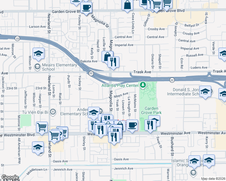 map of restaurants, bars, coffee shops, grocery stores, and more near 9031 Enloe Way in Garden Grove