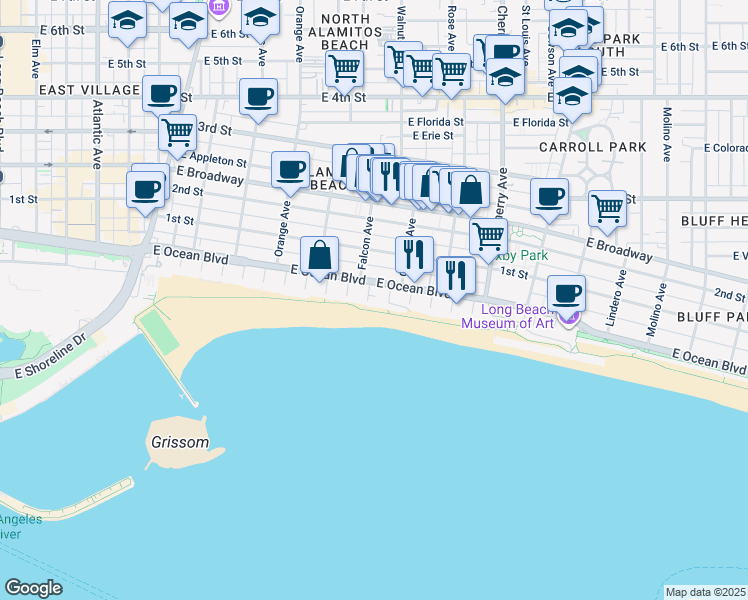 map of restaurants, bars, coffee shops, grocery stores, and more near 1610 East Ocean Boulevard in Long Beach
