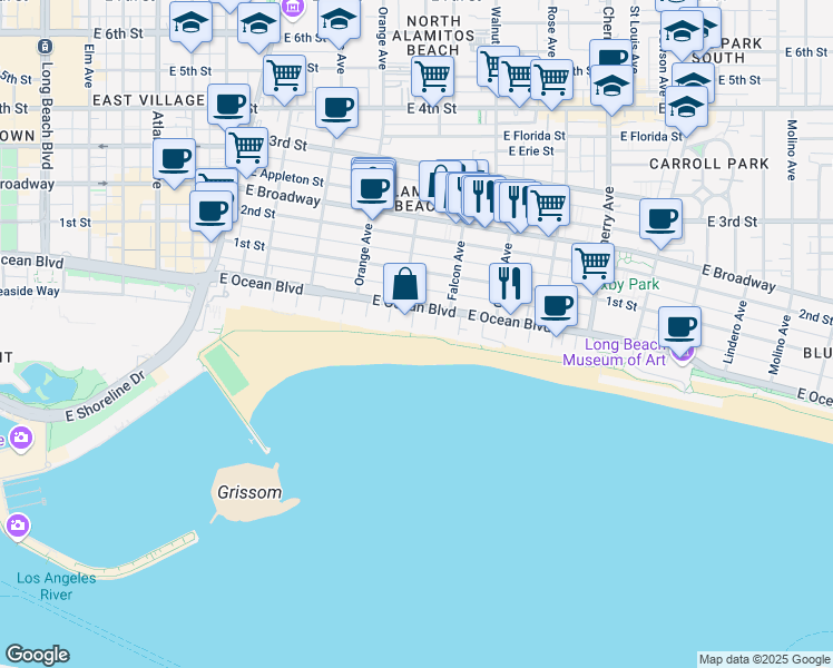 map of restaurants, bars, coffee shops, grocery stores, and more near 1400 East Ocean Boulevard in Long Beach