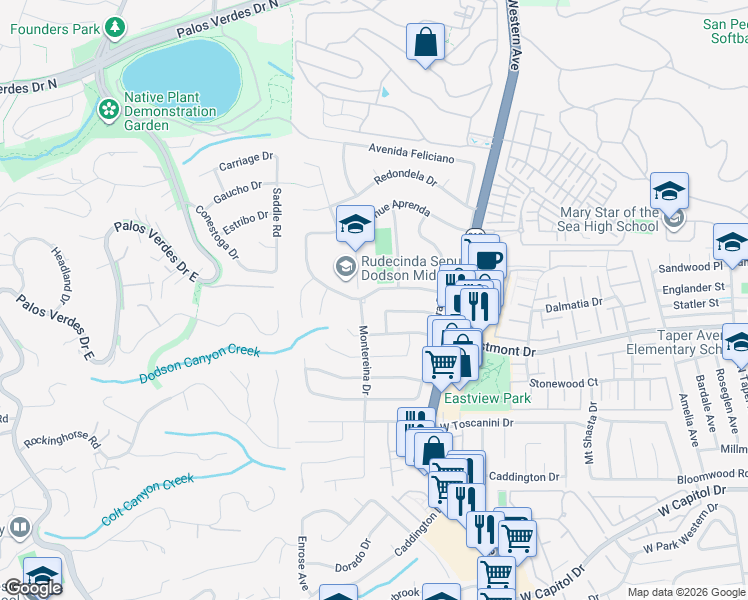 map of restaurants, bars, coffee shops, grocery stores, and more near 1938 Avenida Estudiante in Rancho Palos Verdes