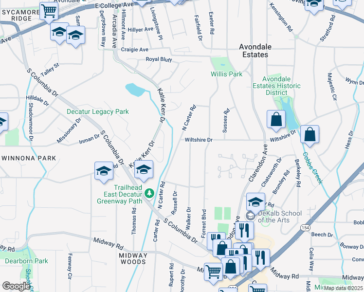 map of restaurants, bars, coffee shops, grocery stores, and more near 1050 North Carter Road in Decatur