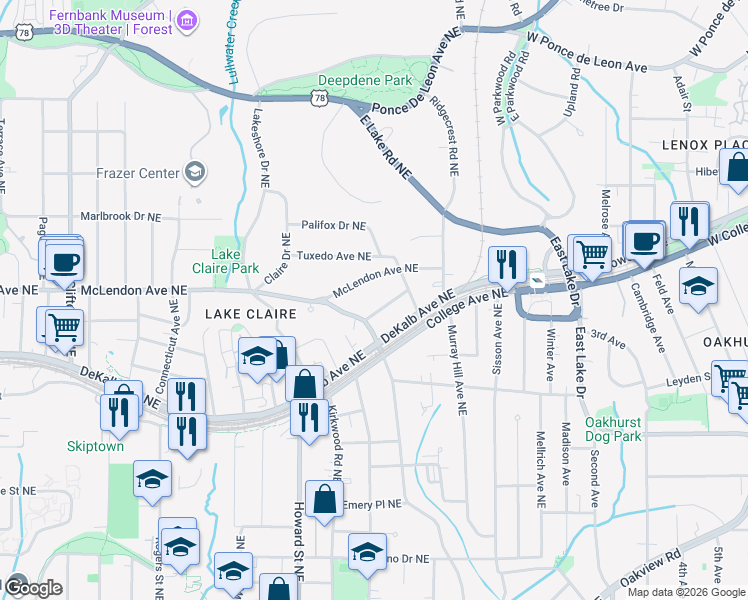 map of restaurants, bars, coffee shops, grocery stores, and more near 2060 Howard Circle Northeast in Atlanta