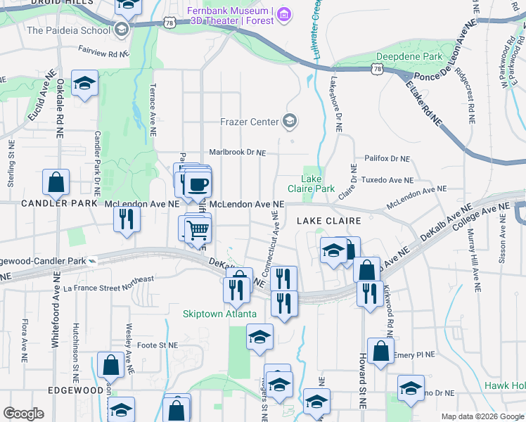 map of restaurants, bars, coffee shops, grocery stores, and more near 1758 McLendon Avenue Northeast in Atlanta