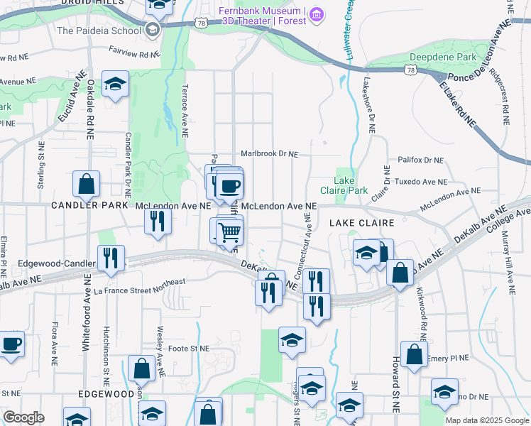 map of restaurants, bars, coffee shops, grocery stores, and more near 1712 McLendon Avenue Northeast in Atlanta