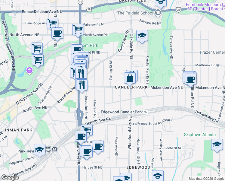map of restaurants, bars, coffee shops, grocery stores, and more near 1300 McLendon Avenue Northeast in Atlanta