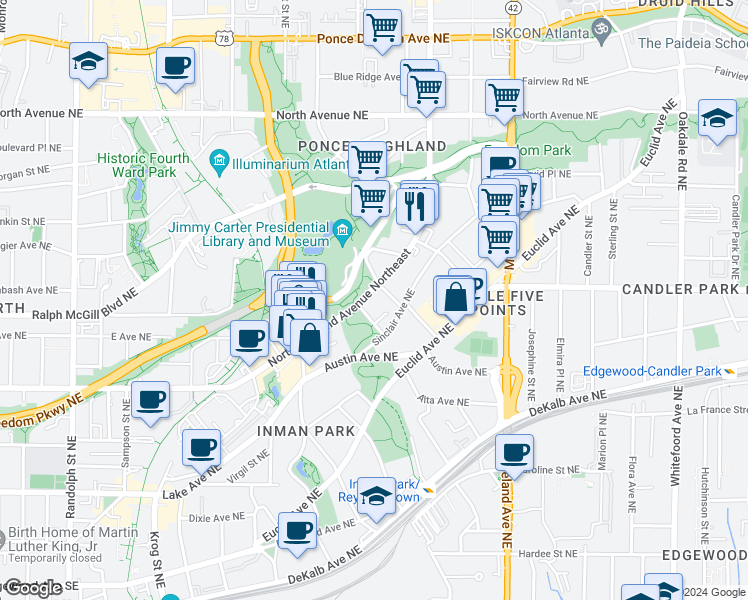 map of restaurants, bars, coffee shops, grocery stores, and more near 397 North Highland Avenue Northeast in Atlanta