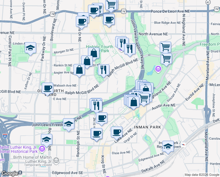 map of restaurants, bars, coffee shops, grocery stores, and more near 383 Ashley Avenue Northeast in Atlanta