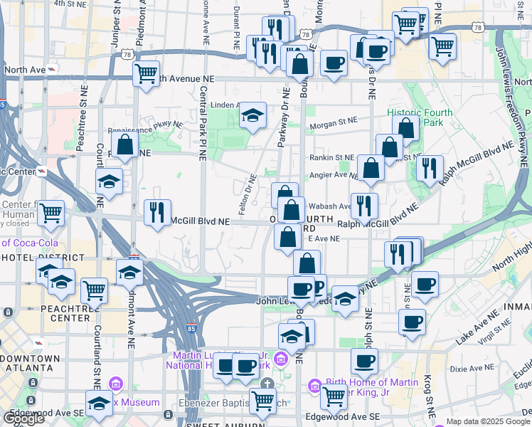 map of restaurants, bars, coffee shops, grocery stores, and more near 386 Parkway Drive Northeast in Atlanta