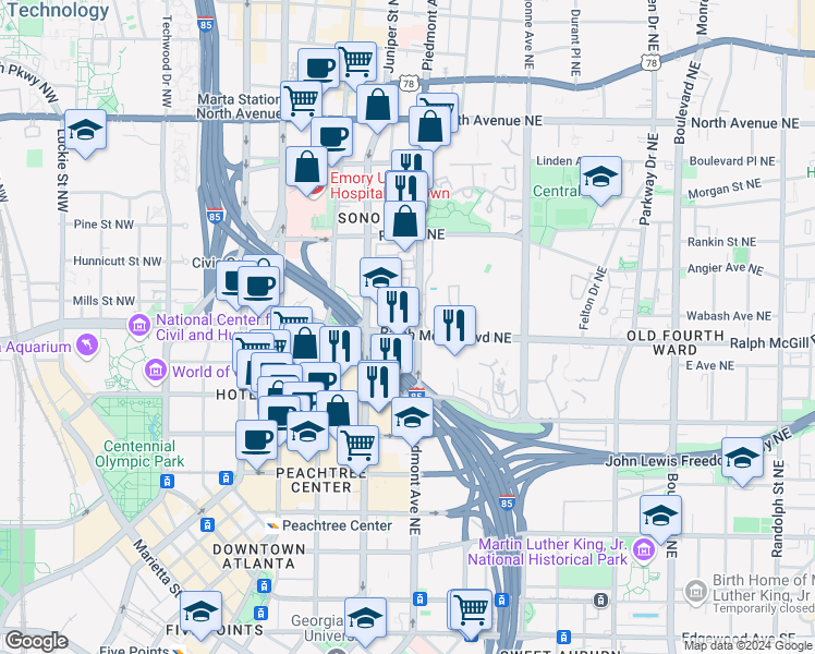 map of restaurants, bars, coffee shops, grocery stores, and more near 390 Piedmont Avenue Northeast in Atlanta