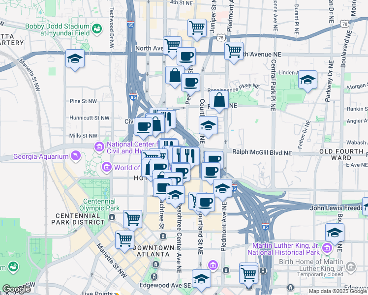 map of restaurants, bars, coffee shops, grocery stores, and more near in Atlanta