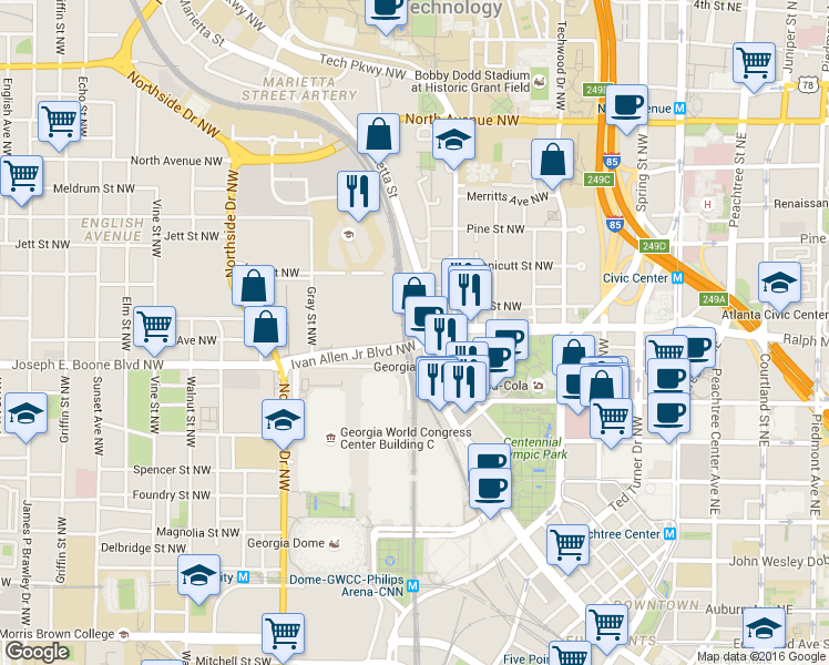map of restaurants, bars, coffee shops, grocery stores, and more near 426 Marietta Street NorthWest in Atlanta