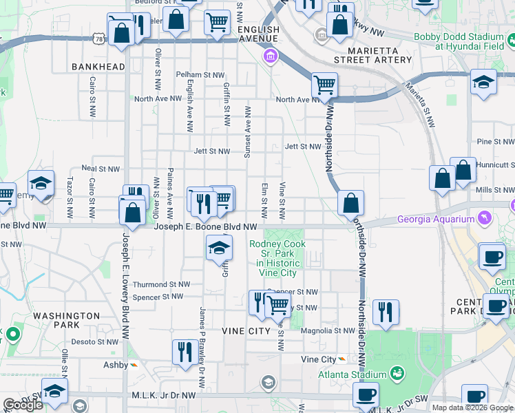 map of restaurants, bars, coffee shops, grocery stores, and more near 381 Sunset Avenue Northwest in Atlanta