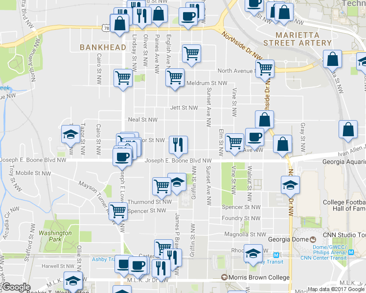 map of restaurants, bars, coffee shops, grocery stores, and more near 759 Jones Avenue Northwest in Atlanta