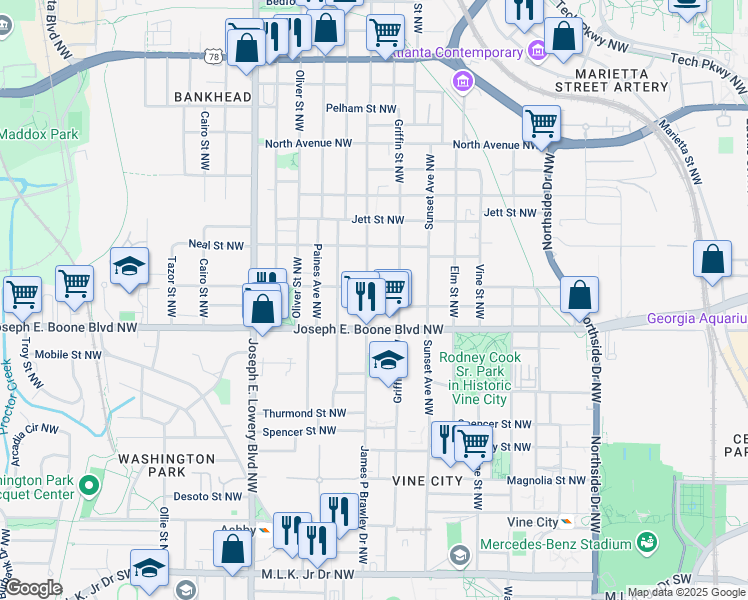 map of restaurants, bars, coffee shops, grocery stores, and more near 763 Jones Avenue Northwest in Atlanta
