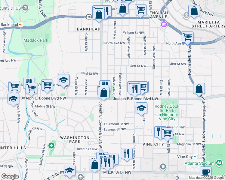 map of restaurants, bars, coffee shops, grocery stores, and more near 857 Proctor Street Northwest in Atlanta